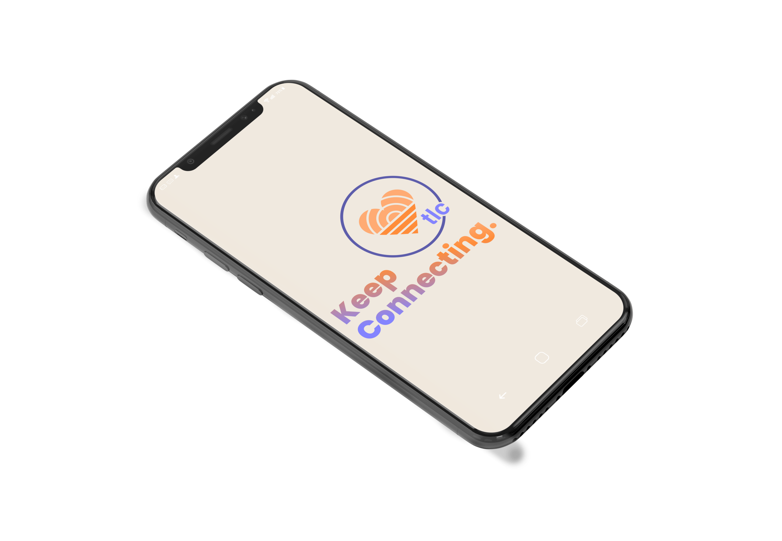 Tilted smartphone screen showing an orange striped heart logo inside a purple circle with the words 'Keep connected' on the display.