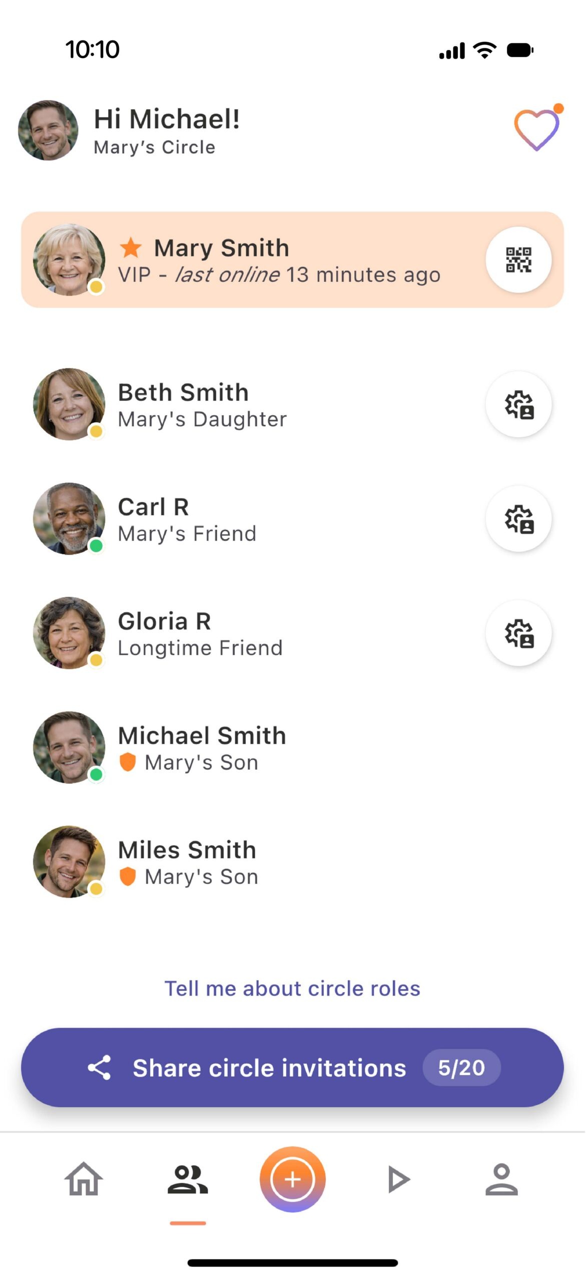 Contacts list in Mary’s Circle app; top VIP Mary Smith banner with avatar and last online detail; right-side action icon visible.