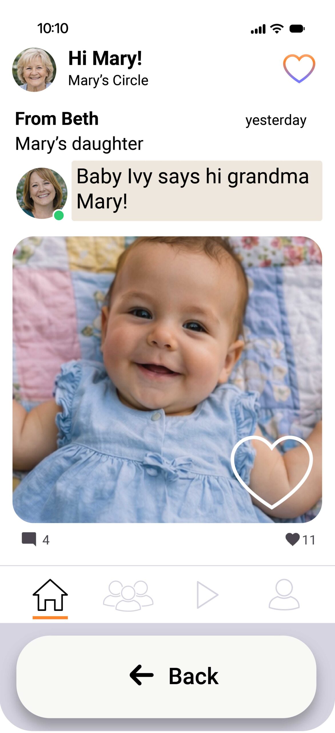 Chat feed showing the message 'Baby Ivy says hi grandma Mary!' with a large photo of a smiling baby in a blue dress beneath it.
