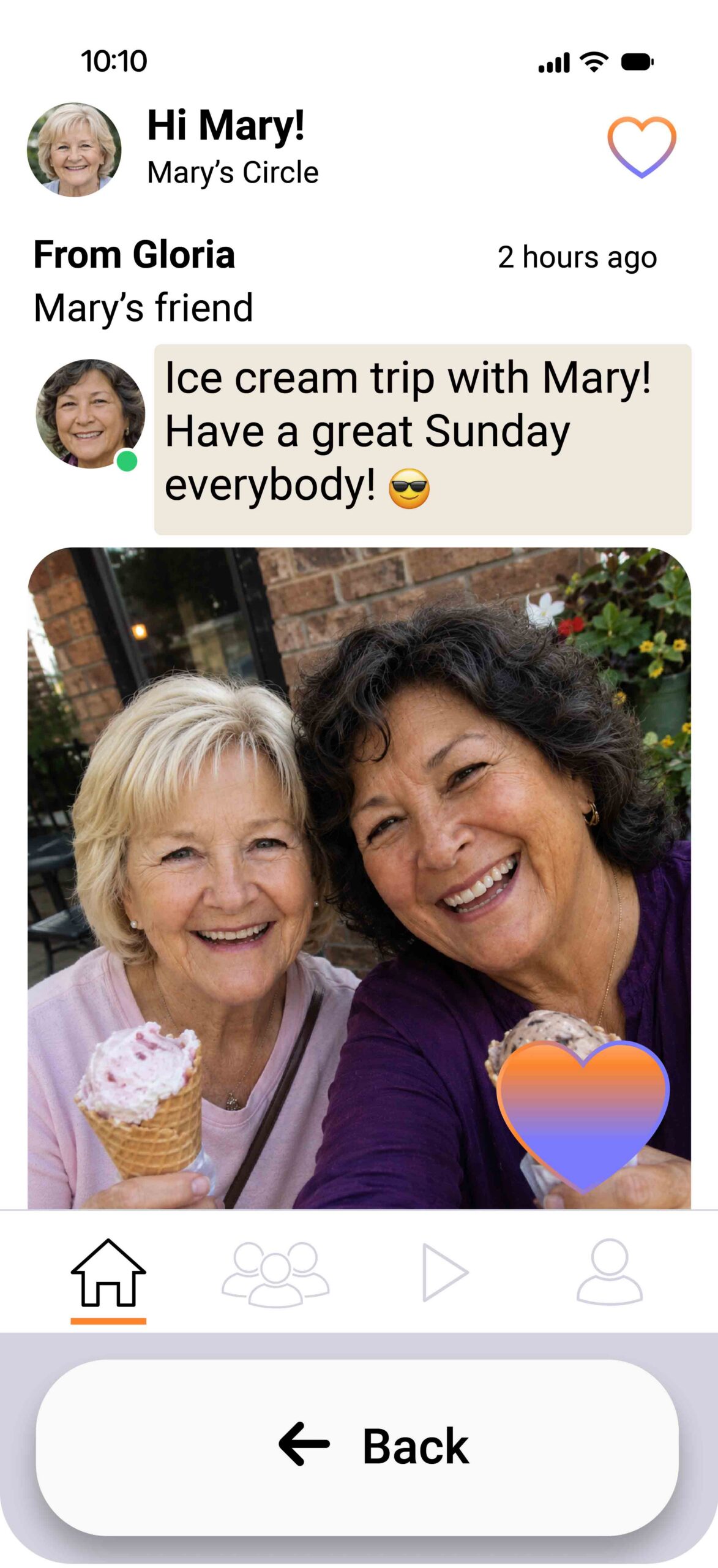 Two women taking a selfie while enjoying ice cream, shown in a social feed with a friendly message above and a heart sticker on the photo.