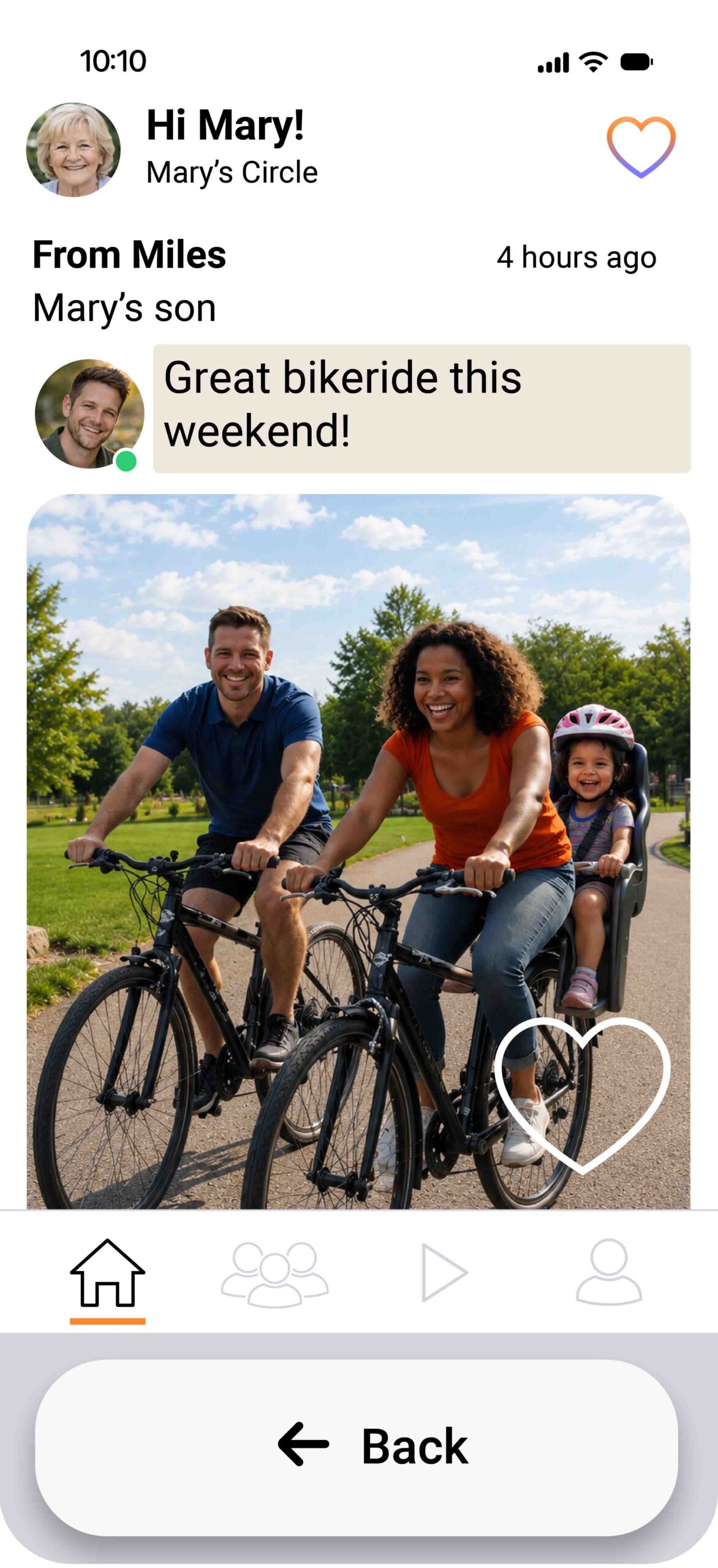 Family of three riding bikes on a sunny park path, smiling at the camera (man, woman, child in a bike seat).