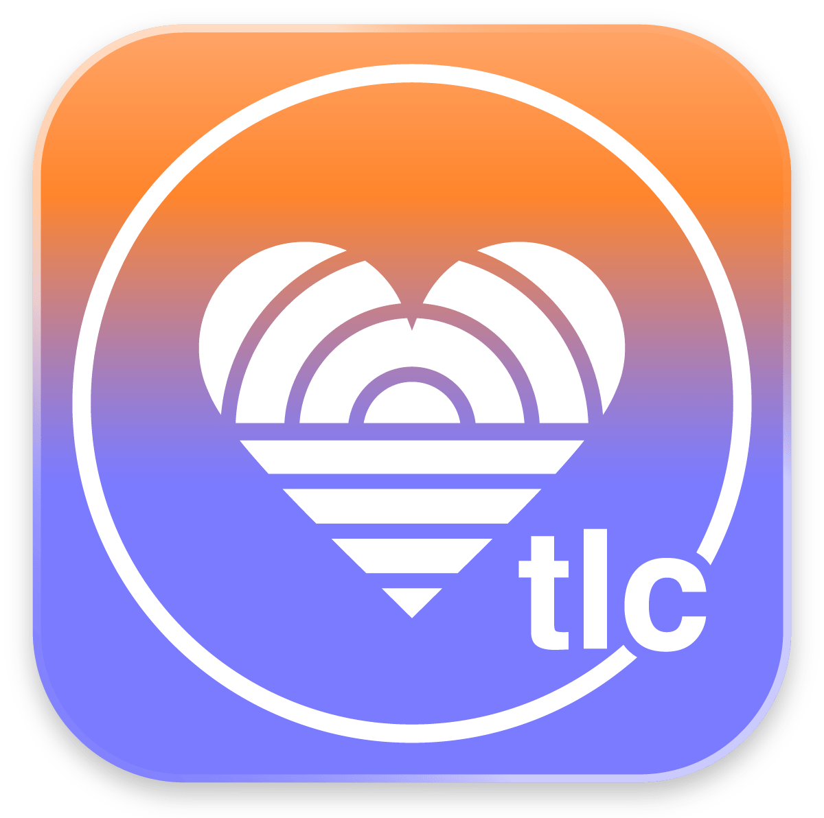 TLC app icon: white heart formed by arches on an orange-to-purple gradient background.
