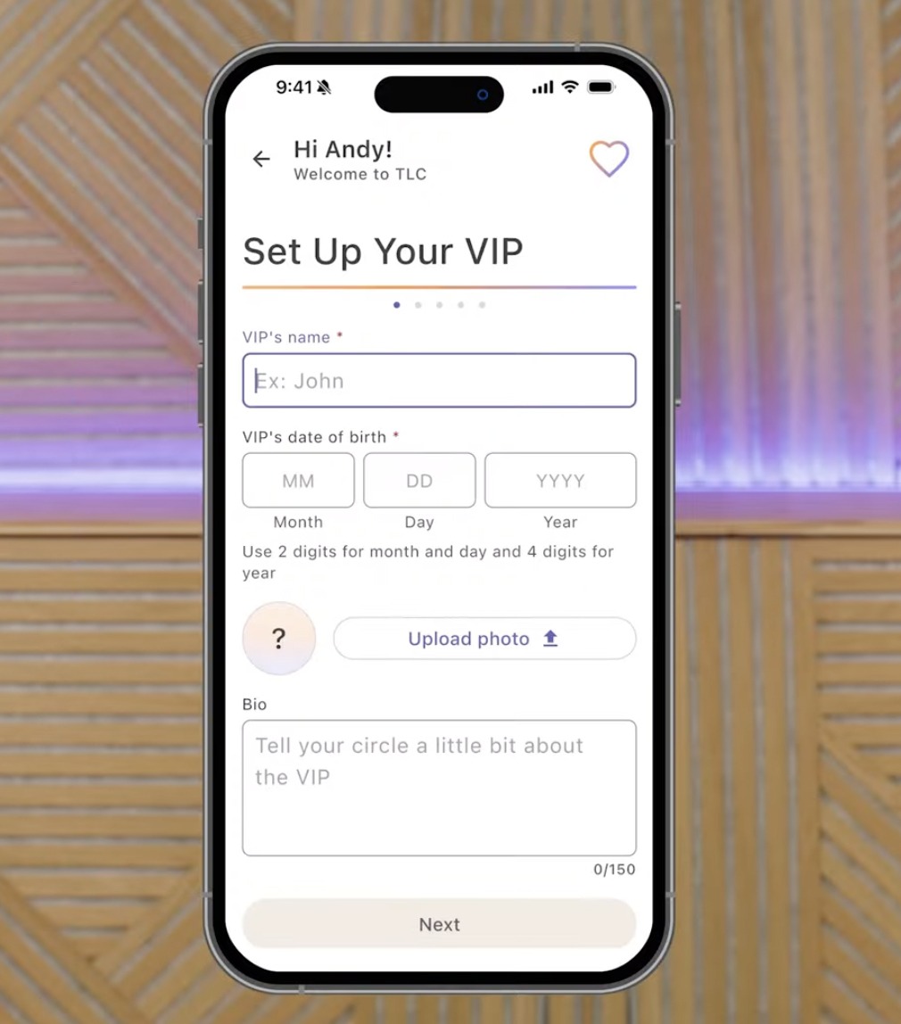 Mobile screen showing a VIP setup form: name, birth date, photo upload, and bio fields with a Next button.