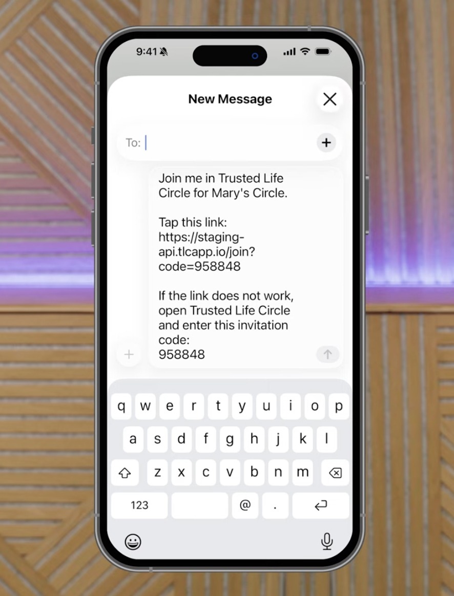 Phone screen showing a new message: an invitation to join Trusted Life Circle with a link and code 958848.