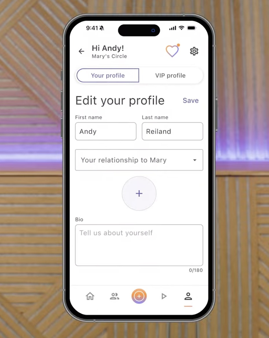 Edit your profile screen on a smartphone: fields for first name Andy, last name Reiland, relationship, bio, and a circular add button.