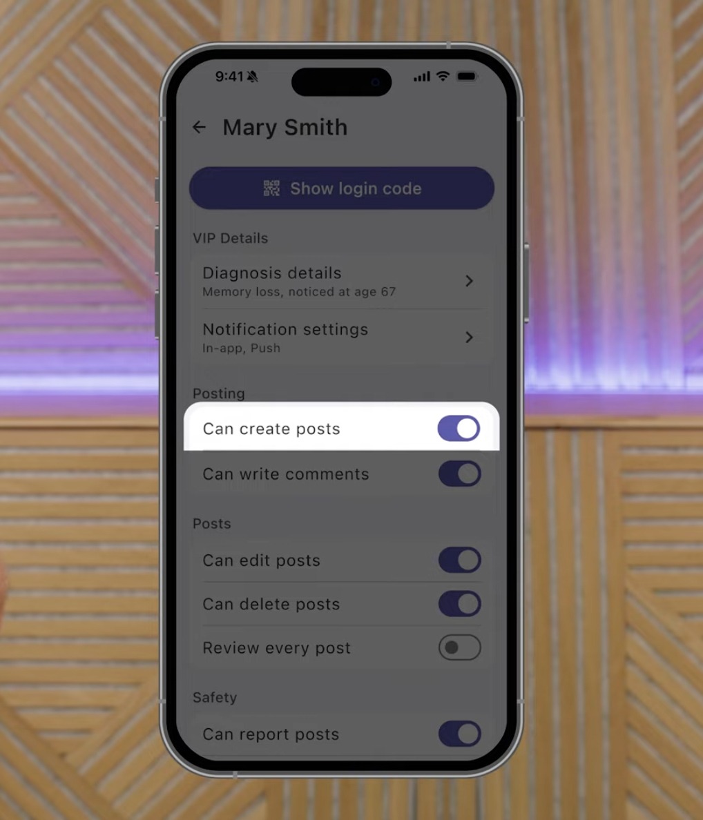 Screen showing a mobile app user settings page; focuses on the 'Can create posts' toggle highlighted in white with purple switch. - Includes sections like Diagnosis details and Notification settings, and the top 'Show login code' button.