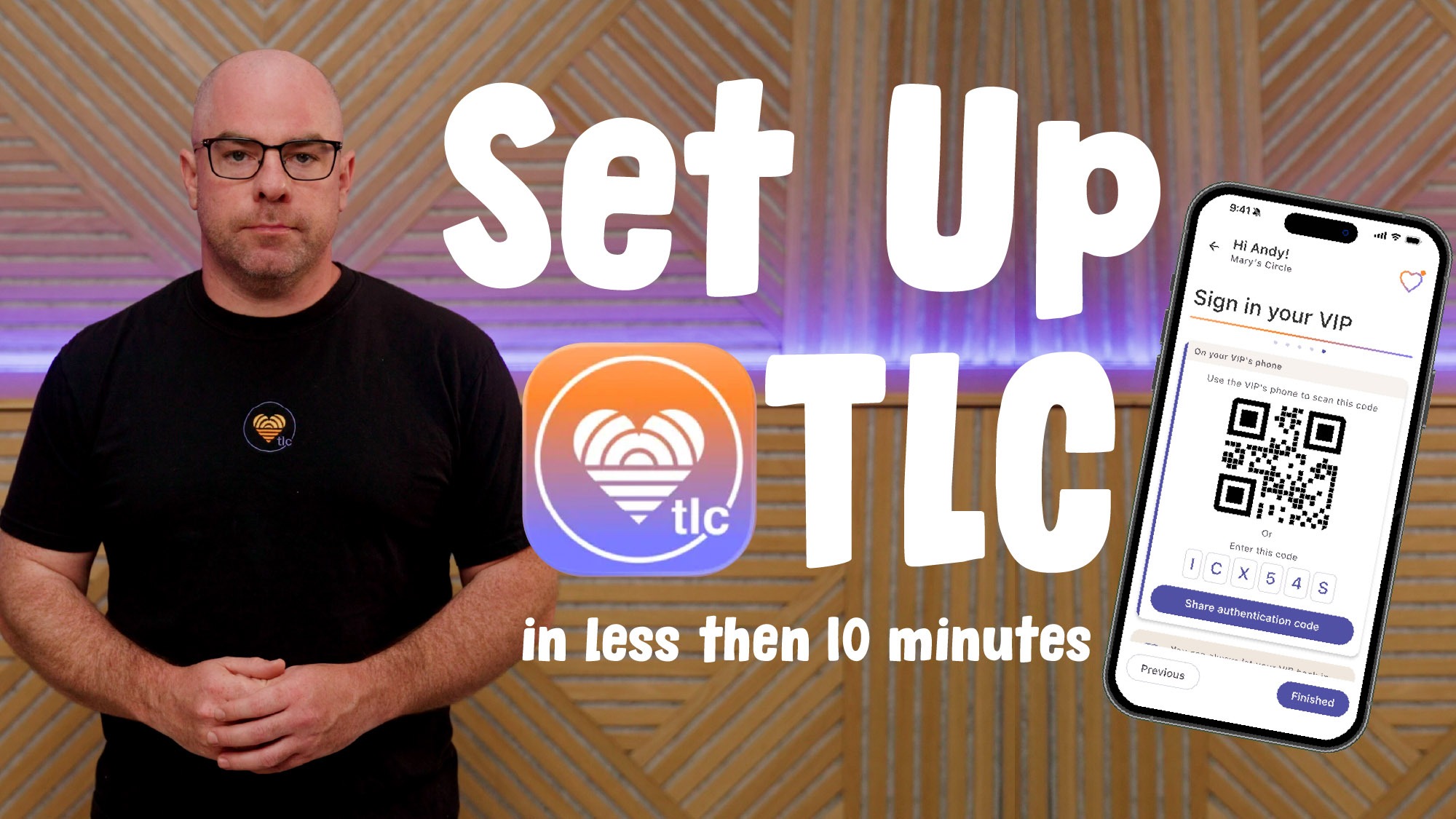 Trusted_Life_Circle_Set_Up - Trusted Life Circle | TLC App Man in black TLC shirt stands in front of a wooden background with large 'Set Up TLC' text and an iOS app icon and phone screen showing a VIP authentication flow on the right.