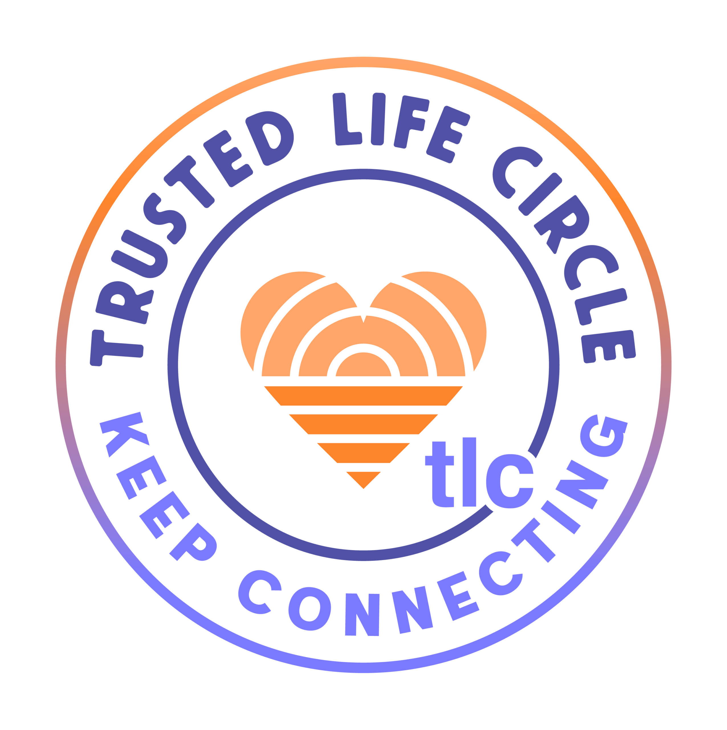 Circular brand logo with orange and purple gradient rings, containing curved text around the edge and a central orange motif.