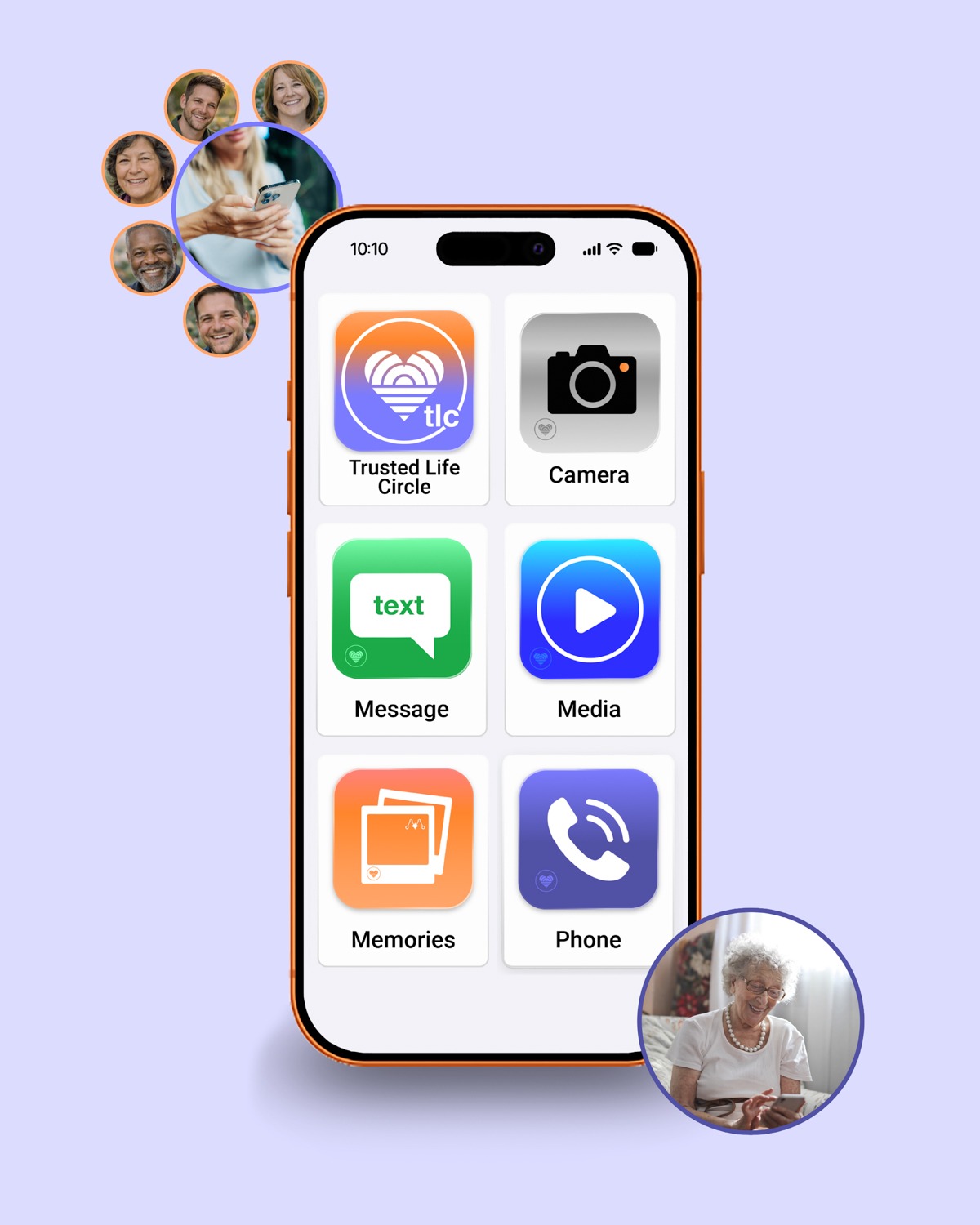 Smartphone screen displaying six app icons: Trusted Life Circle, Camera, Message, Media, Memories, and Phone.
