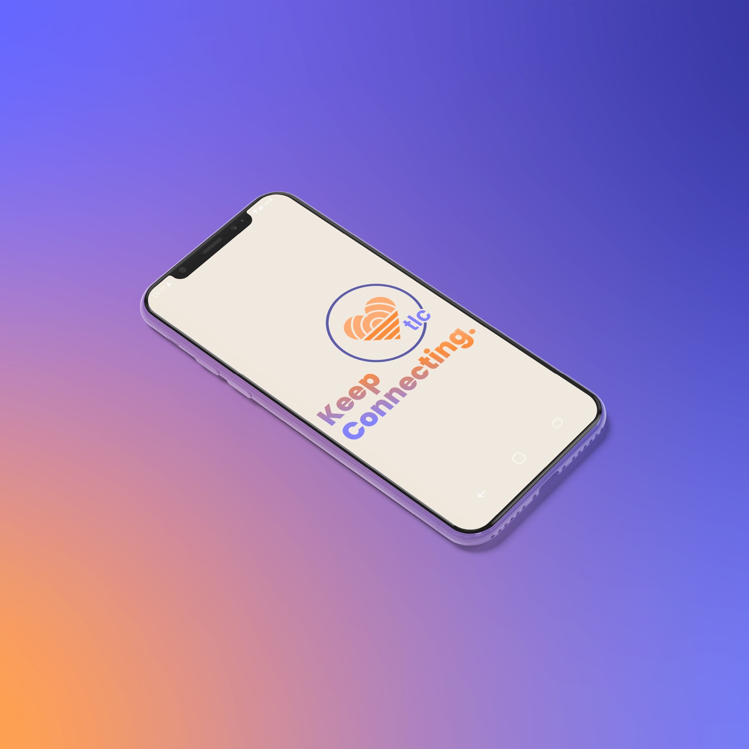 Tilted smartphone on a purple–orange gradient showing a 'Keep Connecting' logo with an orange heart inside a circle and blue/purple text.